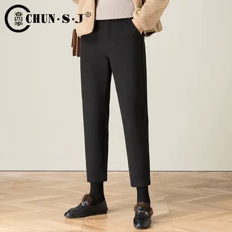 九分毛呢哈伦裤女2023冬季新款加厚休闲高腰显瘦烟管裤黑色萝卜裤图片