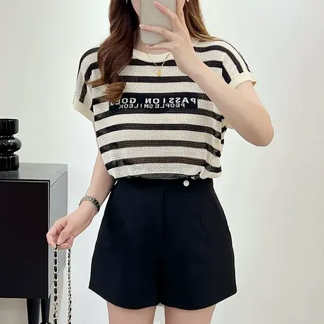时尚条纹短袖镂空针织衫女薄款夏季宽松套头空调罩衫女飞飞袖上衣图片