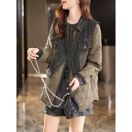 宝诗黎牛仔拼接假两件棉服女秋冬时尚设计感宽松保暖外套2023新款商品大图