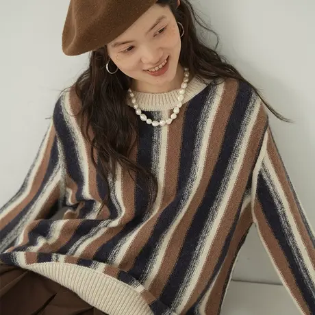 omont蛋挞家 复古撞色条纹毛衣2023秋冬新款圆领宽松休闲针织上衣商品大图