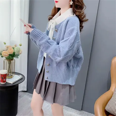 日系镂空钩花毛衣开衫女早秋2023新款外穿宽松短款小个子针织外套商品大图