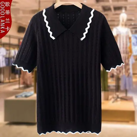 加肥加大码上衣女夏装新款2022针织POLO衫中年妈妈花边短袖T恤衫商品大图