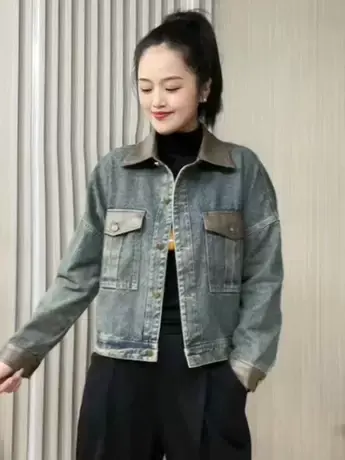 港风复古小香风水洗蓝牛仔外套女士2023新款爆款秋季百搭短款夹克商品大图