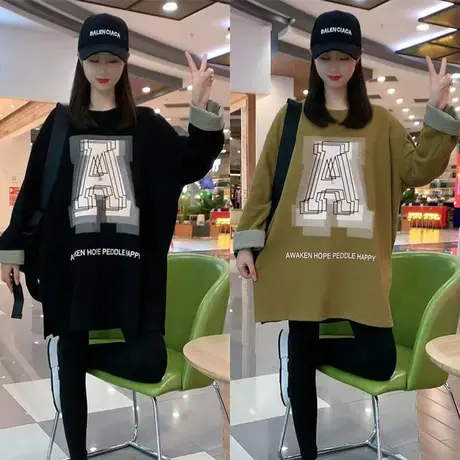 2023新款早秋立体大A字母印花卫衣长袖宽松T恤百搭洋气打底上衣潮图片