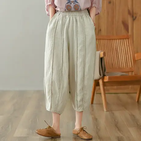 dza 高腰显瘦亚麻休闲裤女2023夏薄款直筒裤萝卜裤宽松棉麻哈伦裤商品大图