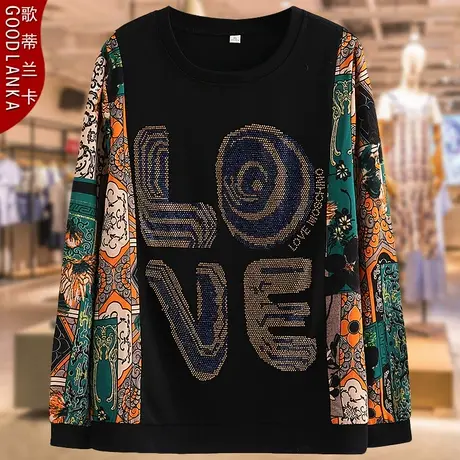 40-50岁中年妈妈春装打底衫上衣大码宽松洋气镶钻印花拼接长袖T恤商品大图