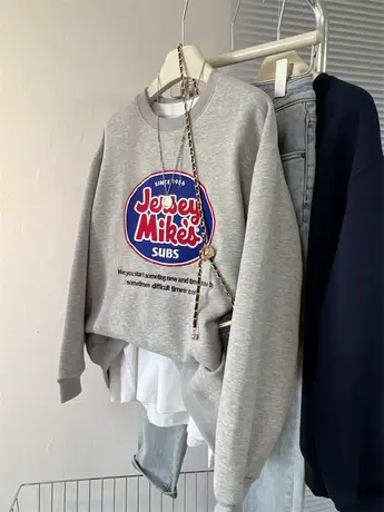 字母刺绣贴布洋气女款秋冬加绒加厚宽松上衣圆领套头学生内搭卫衣图片