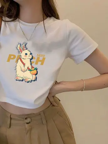 显高显瘦白色短袖t恤女宽松短款圆领打底衫百搭休闲体桖仿棉上衣商品大图