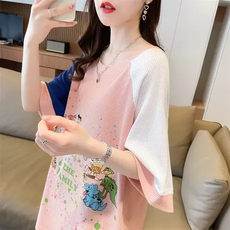 小众设计感短袖t恤女夏季韩版宽松大码中长款半袖撞色华夫格上衣图片
