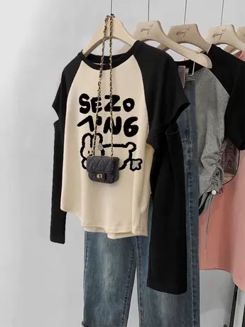 大码美式复古长袖T恤女胖mm显瘦女装打底衫潮ins休闲插肩撞色上衣商品大图