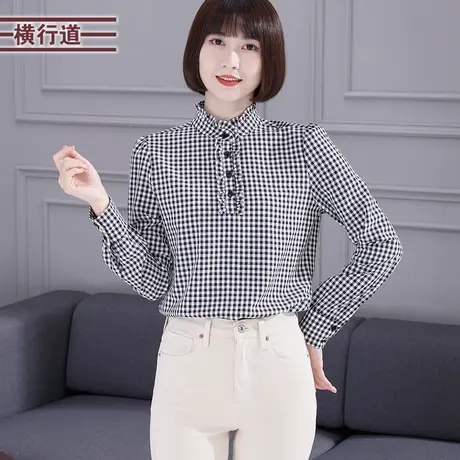 立领格子长袖衬衣女装半高领方格气质宽松春装2024新款妈妈装外穿商品大图