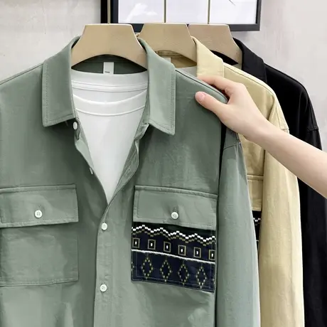 春秋季长袖衬衫男口袋日系纯棉文艺春秋外穿休闲宽松男衬衣外套潮商品大图