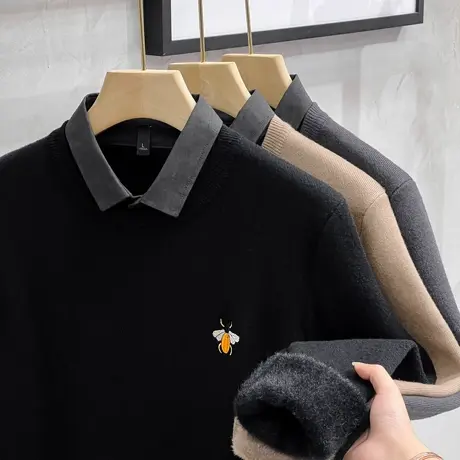 一体绒毛衣男士假两件加绒加厚衬衫领打底针织衫男秋冬2023新款潮商品大图