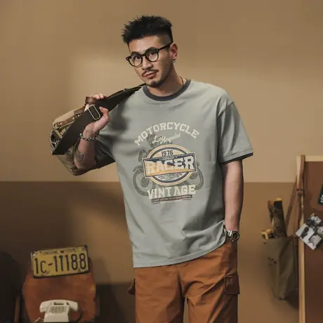 夏季薄款美式T恤重磅水洗男士落肩袖短袖半袖翻领宽松上衣男T恤商品大图