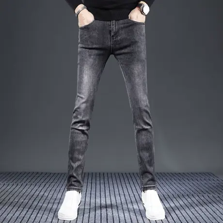 2023秋季新款牛仔裤男修身小脚灰色潮流男士休闲个性百搭潮牌裤子商品大图
