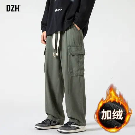 男生军绿色加绒工装裤男直筒宽松休闲加厚裤子2024新款直筒裤保暖商品大图