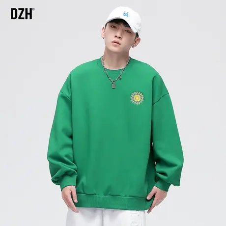 男生绿色刺绣卫衣男圆领秋季长袖上衣宽松休闲套头外套2023年新款商品大图