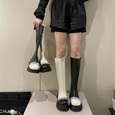 长靴女夏季2023年新款链条拼色长筒靴时髦骑士靴小众设计感瘦瘦靴商品大图