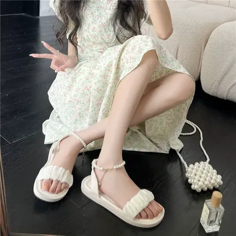 仙女风小凉鞋女配裙子2023夏季新款法式珍珠平底一字带女鞋软底夏商品大图