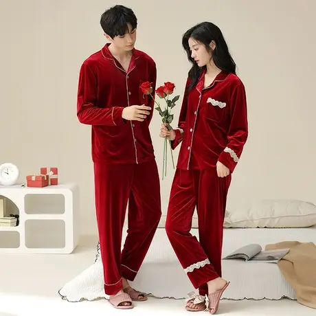 红色睡衣女春秋冬结婚新婚情侣套装冬季金丝绒新娘新郎男士本命年图片