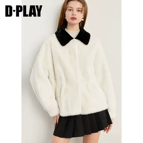 DPLAY2023冬新通勤白拼黑撞色翻领收腰仿皮毛一体加厚保暖外套商品大图