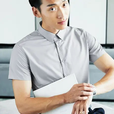 2023新款灰色衬衫男短袖职业免烫白衬衣纯色商务工作服正装称衫图片