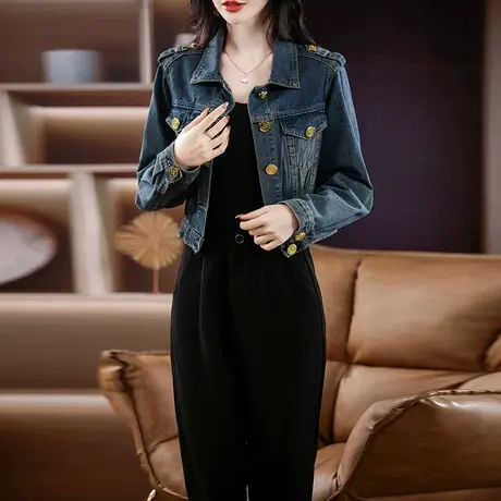 2024年新款韩版大码女装胖mm春季韩版复古设计感POLO领牛仔外套女图片