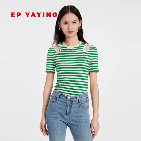 EP雅莹女装 设计感露肩条纹短袖T恤甜辣小上衣 2023夏装新款5350A图片