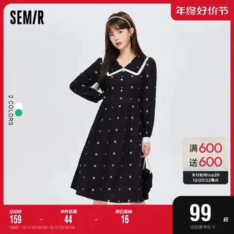 森马连衣裙女泡泡袖少女感满印小黑裙2023冬裙子花边翻领裙气质风图片