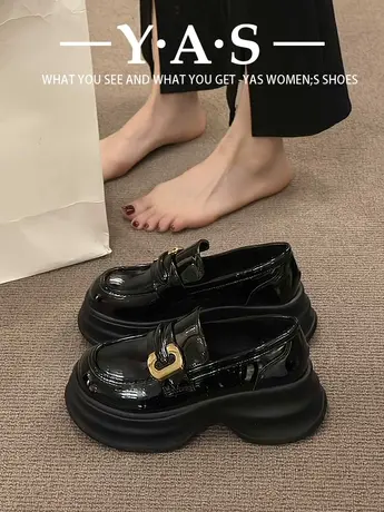 黑色松糕厚底乐福小皮鞋女2024秋冬新款英伦风复古增高一脚蹬单鞋商品大图