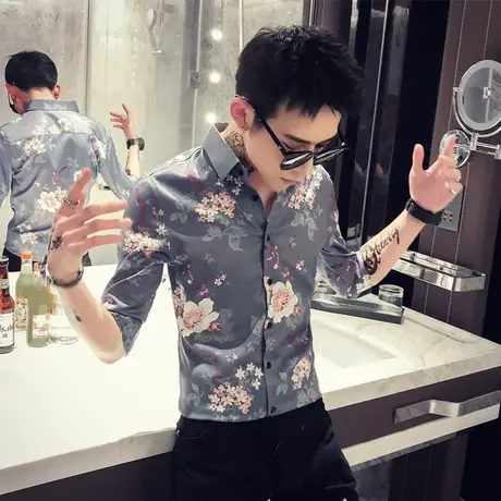 夏季新款七分短袖衬衫男韩版修身花色中袖网红潮流痞帅发型师衬衣商品大图