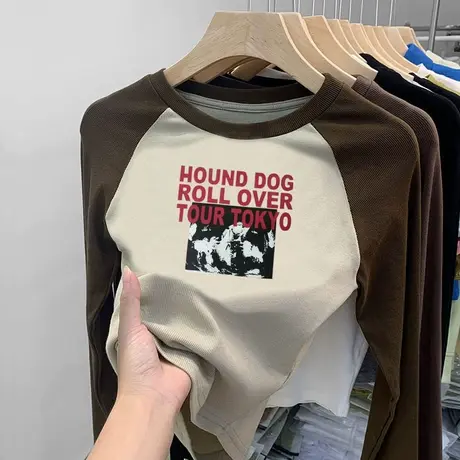 长袖打底衫女2024春季新款韩版小个子印花修身上衣内搭百搭t恤潮商品大图