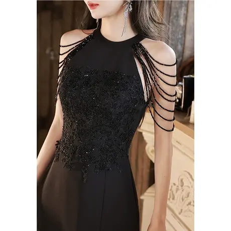 黑色晚礼服裙女高端轻奢小众年会主持人性感鱼尾开叉高级感肩流苏商品大图