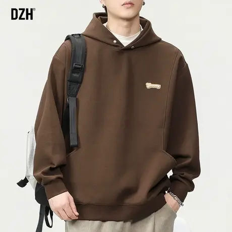 男士咖啡色连帽卫衣男春季2024新款美式复古上衣宽松打底套头外套商品大图