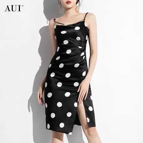 AUI黑色气质吊带连衣裙女2024年早春新款御姐修身显瘦开叉中长裙商品大图
