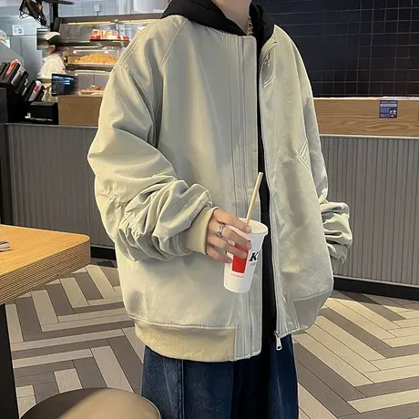 复古棒球服外套男秋冬季美式纯色宽松上衣vintage潮流飞行员夹克图片