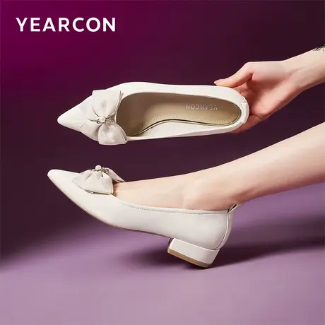 意尔康女鞋2024春季粗跟浅口单鞋女士法式尖头职业工作鞋蝴蝶结商品大图