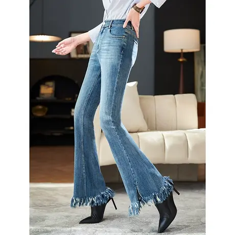 宝诗黎气质显瘦微喇牛仔裤2024春季新款百搭流苏毛边修身高腰女裤图片