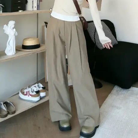 尔给休闲裤春秋小个子宽松阔腿裤女2024新款卡其色裤子设计感小众图片