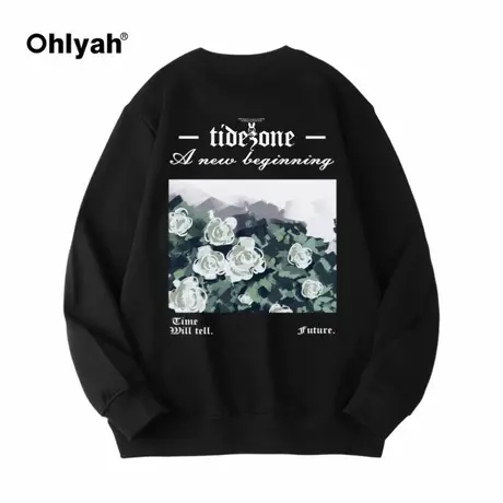 Ohlyah花海印花胖子大码卫衣男女嘻哈街舞宽松纯棉圆领套头衫外套商品大图