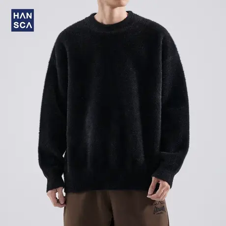 hansca美式复古毛衣男冬季马海毛慵懒风纯色针织衫潮牌毛线衣外套商品大图