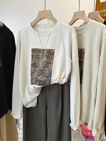 韩国入春 独特漫画卡通印花长袖T恤女ins 明线设计宽松上衣打底衫商品大图