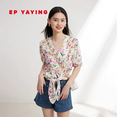 EP YAYING雅莹女装 气质V领真丝印花短袖衬衫 2024春装新款2311A图片