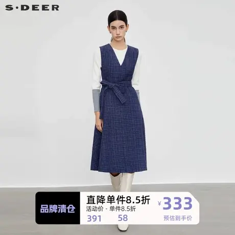 sdeer圣迪奥女装小香风套装V领格纹收腰无袖连衣裙S23461201图片
