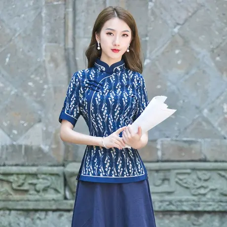 夏季唐装女 中国风汉服旗袍上衣短袖盘扣时尚茶服国潮民国风女装商品大图