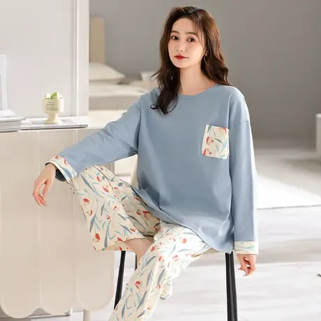 婷美纯棉睡衣女春秋季长袖圆领套头高档简约秋冬款外出家居服套装商品大图