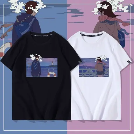 情侣装夏装小众设计感夏季短袖t恤男女纯棉宽松上衣潮流ins半袖衫图片