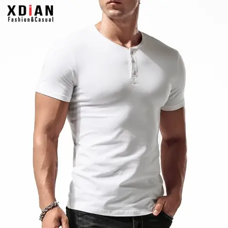 复古亨利领打底衫 修身短袖T恤男夏季纯棉开领圆领带扣体恤开领潮商品大图