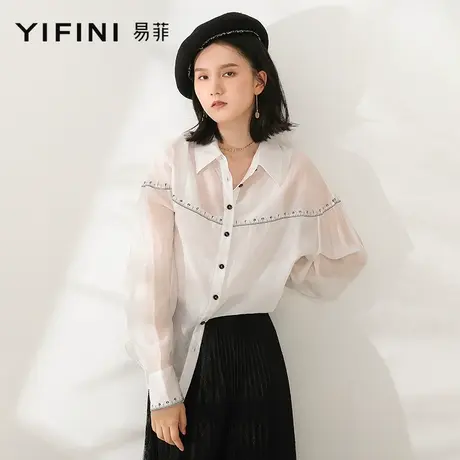 Yifini/易菲宽松薄款性感天丝衬衫女黑白色衬衣长袖上衣秋新商品大图