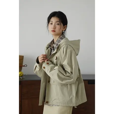 嘉茱莉2023秋季新款1OO棉风衣外套女小个子短款宽松休闲上衣外套商品大图